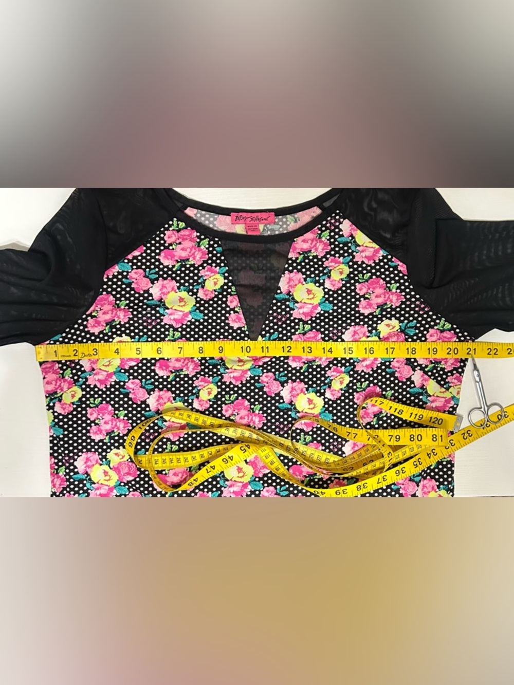 Betsey Johnson Womens XL Floral Polka Dot Mesh Long Sleeve Top Black Pink V-Neck - Picture 5 of 12